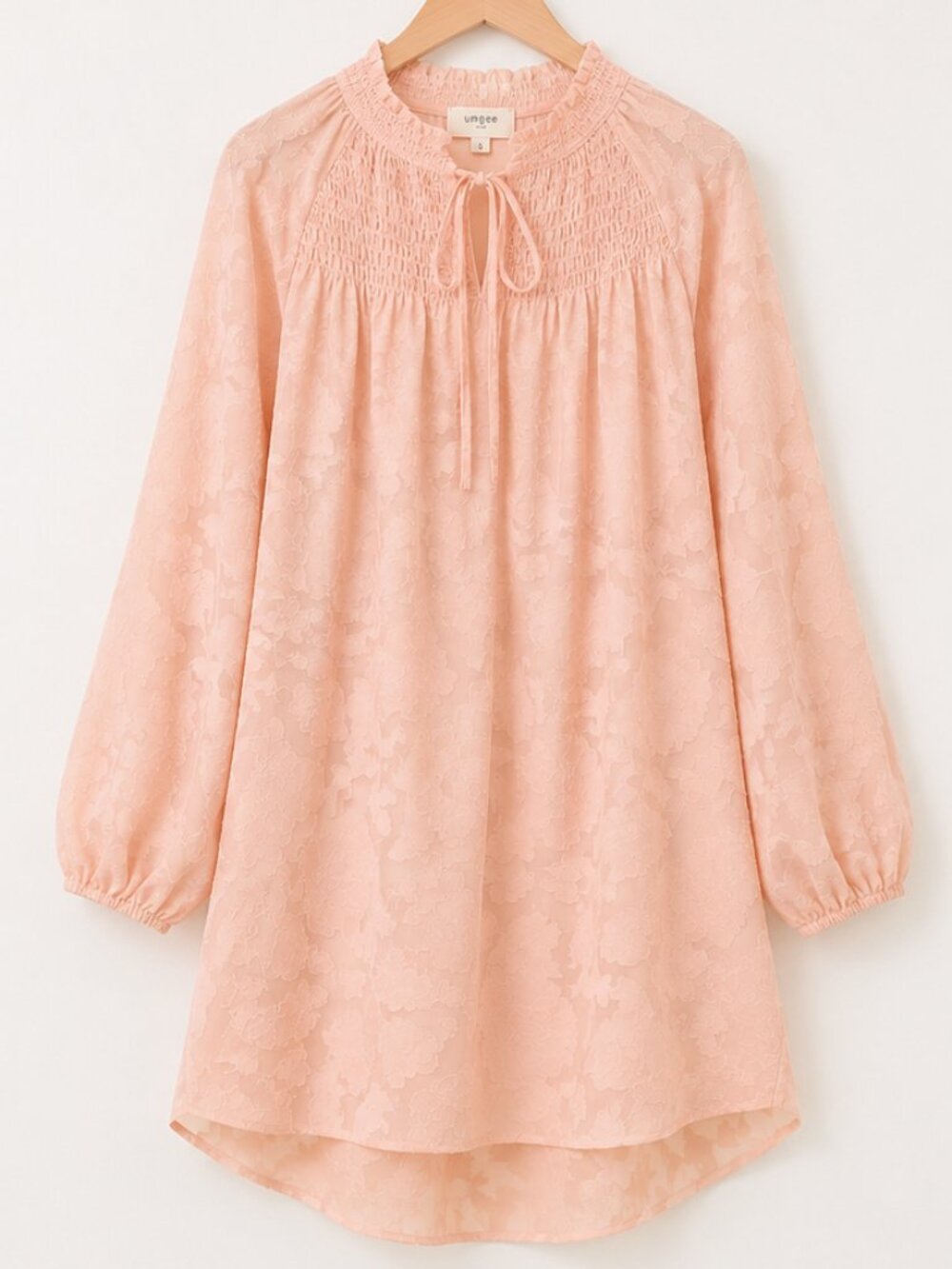 Umgee Jacquard Raglan Smocked Tie Neck Yoke Dress